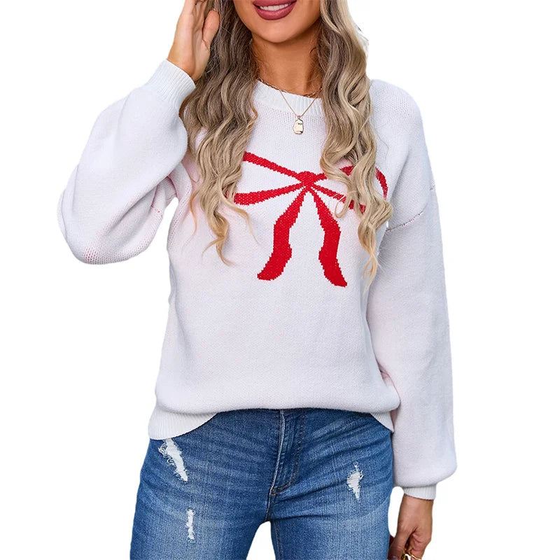 Bow Pattern Women’s Sweater – Trendy Loose Knit Pullover - Luxepulse