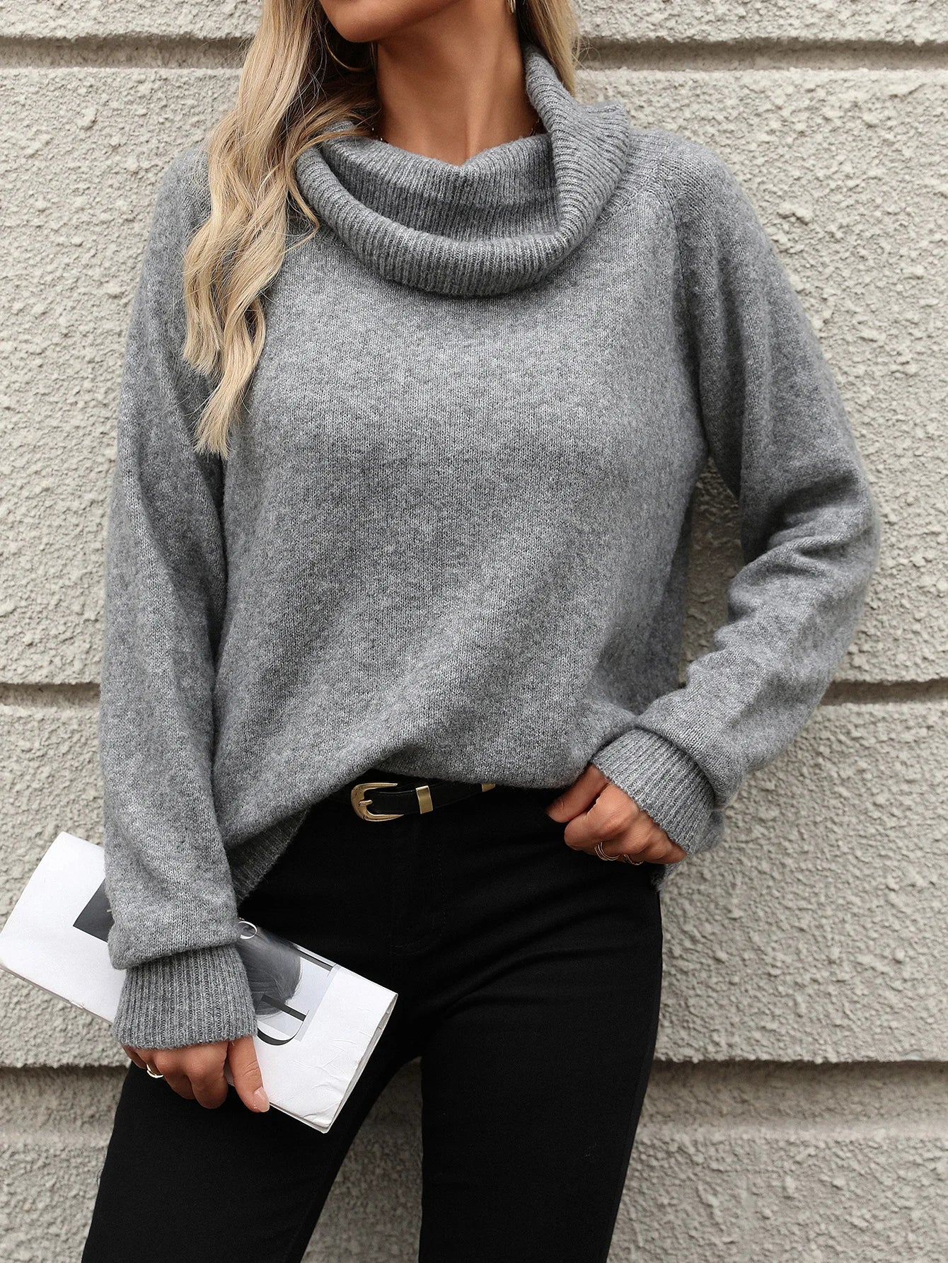 Comfortable Off Shoulder Loose Knit Turtleneck Sweater - Luxepulse