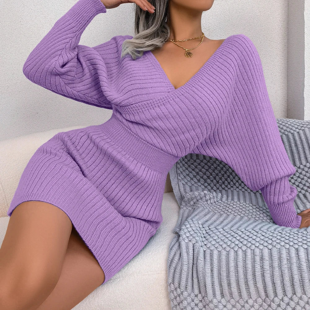 Long Sleeve Knitted Cozy Elegant Sweater Dress - Luxepulse