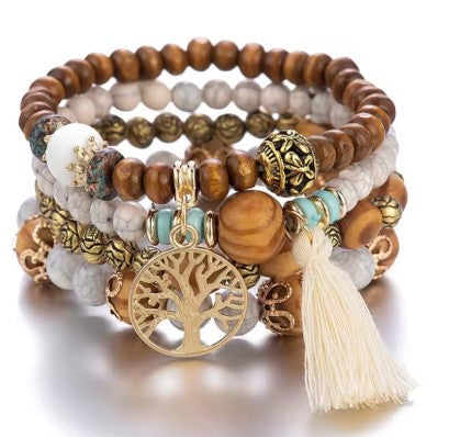 4Pcs/Set Boho Wooden Beaded Bracelet Set – Tree of Life with White Tassels & Charms - Luxepulse