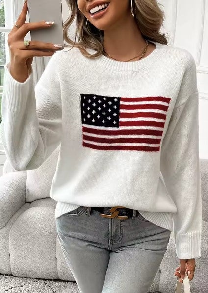 American Flag Crew Neck Long Sleeve Pullover Women’s Sweater - Luxepulse