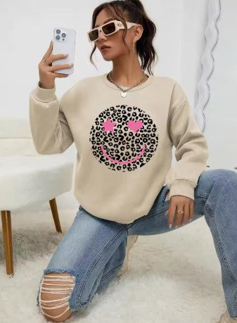 Soft Fleece Leopard Print Smiley Face Printed Sweatshirt - Luxepulse