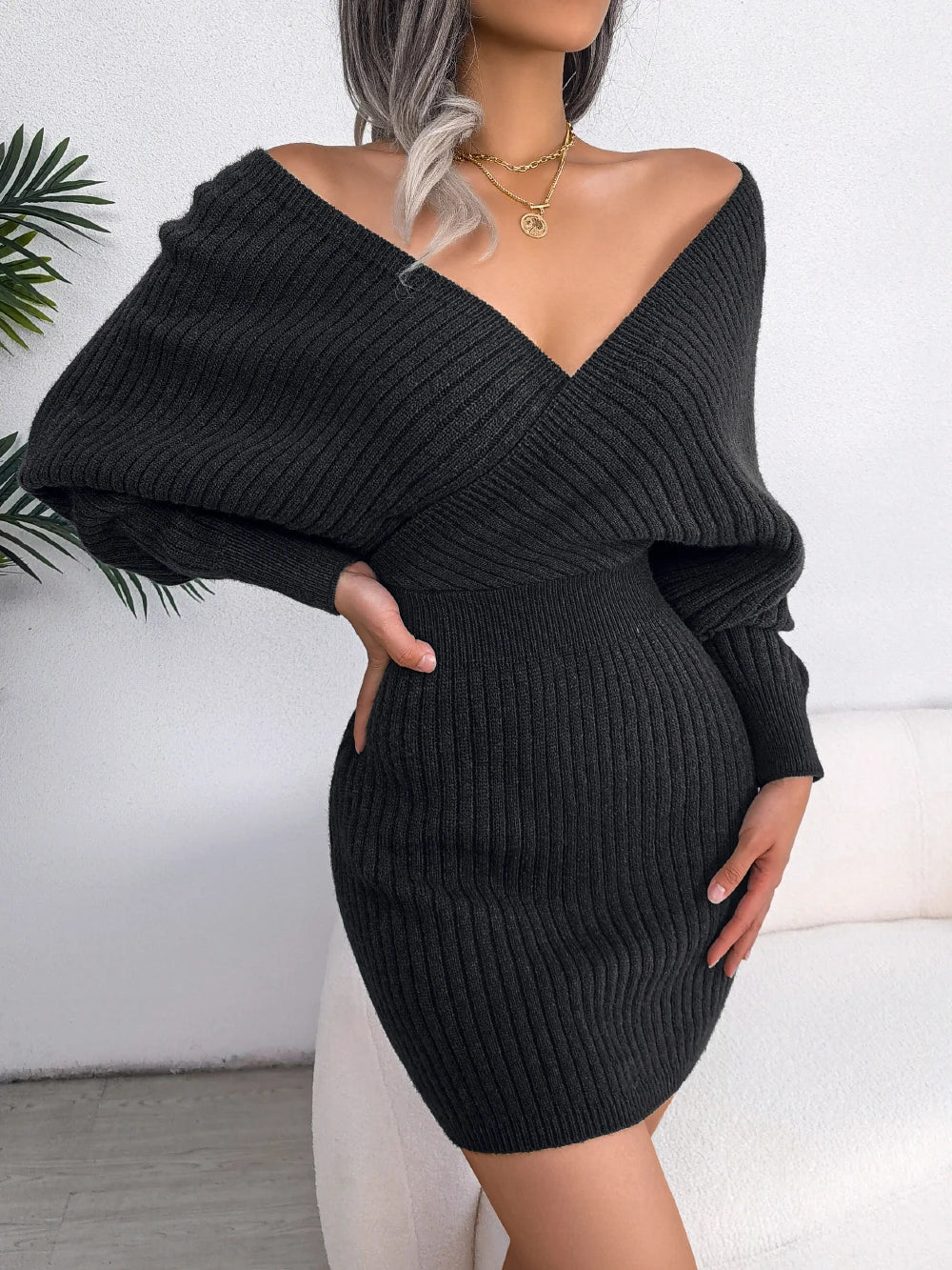 Long Sleeve Knitted Cozy Elegant Sweater Dress - Luxepulse