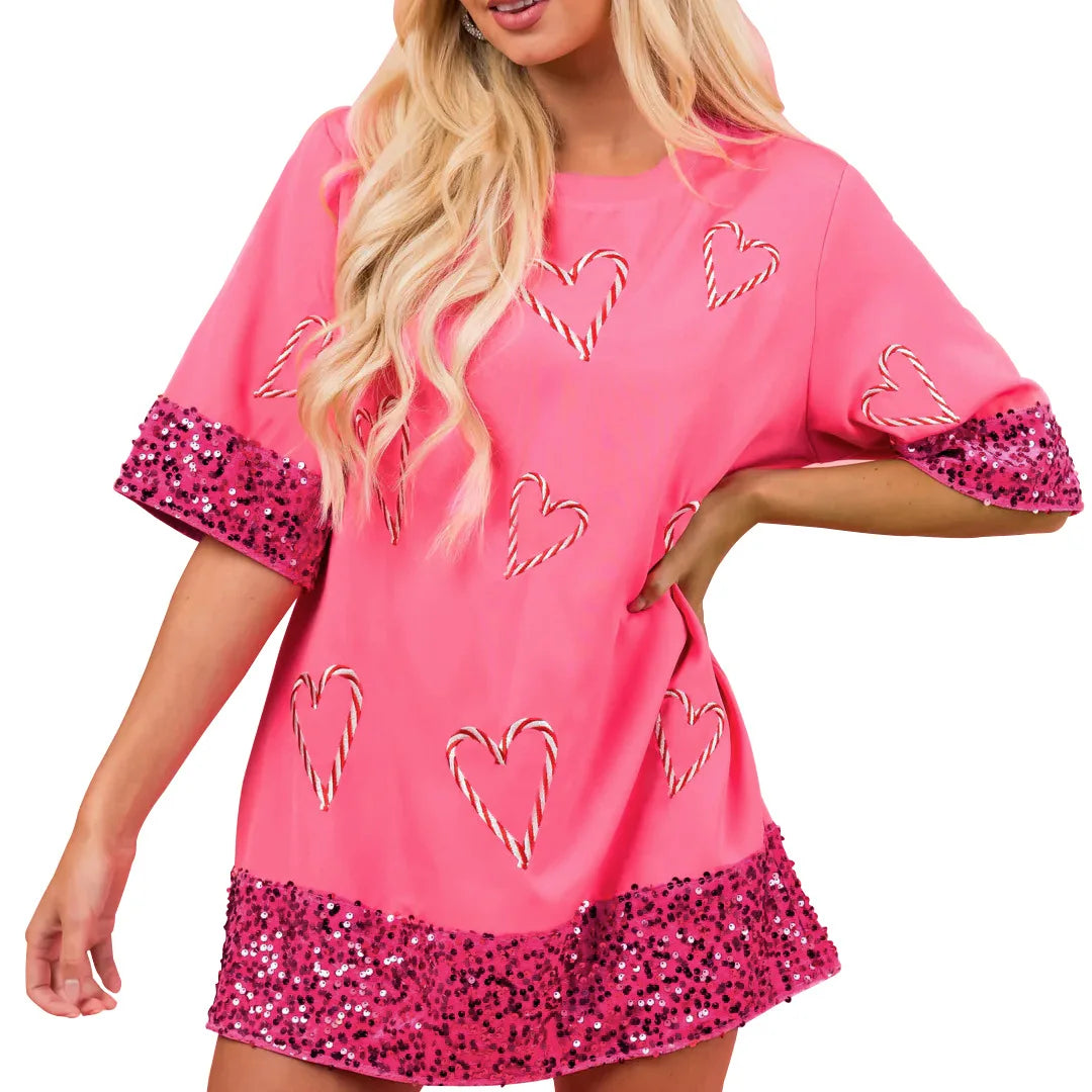 Women's Hot Pink Candy Cane Heart Print T-Shirt with Sparkle Sleeves – Casual & Fashionable - Luxepulse