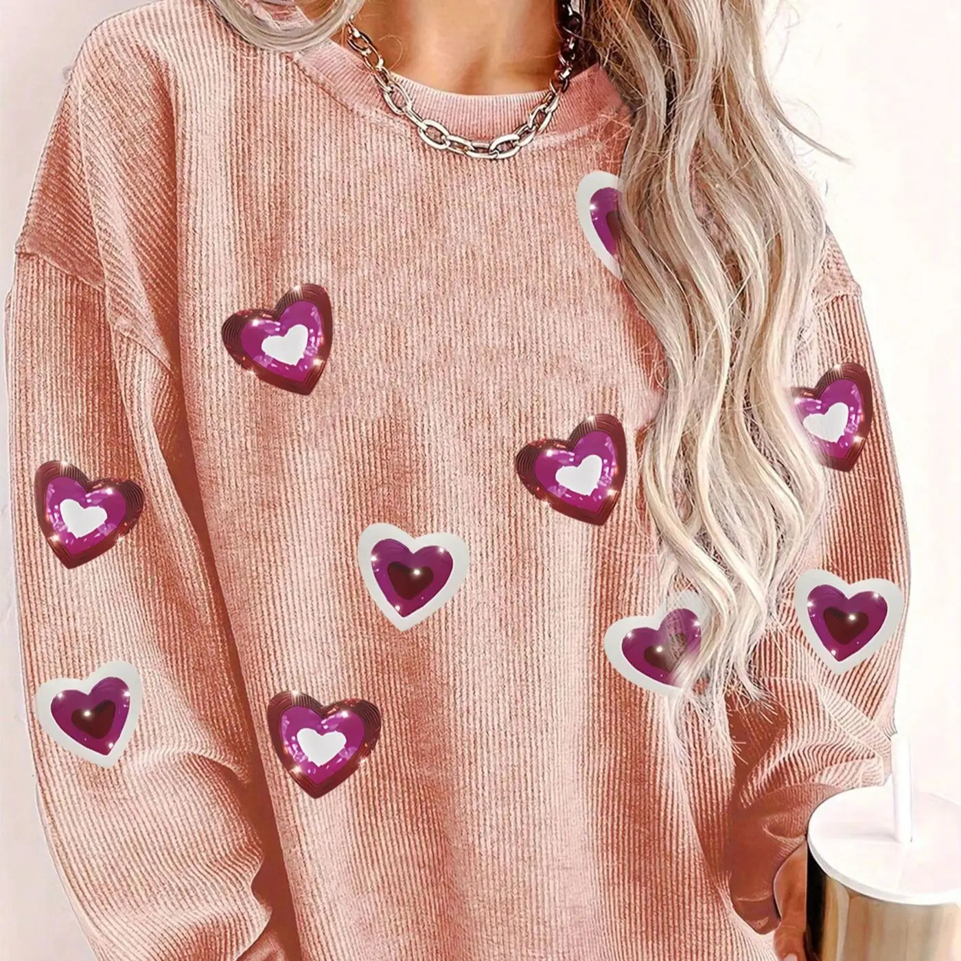 Adorable Women's Heart Design Ribbed Pullover Sweater - Luxepulse