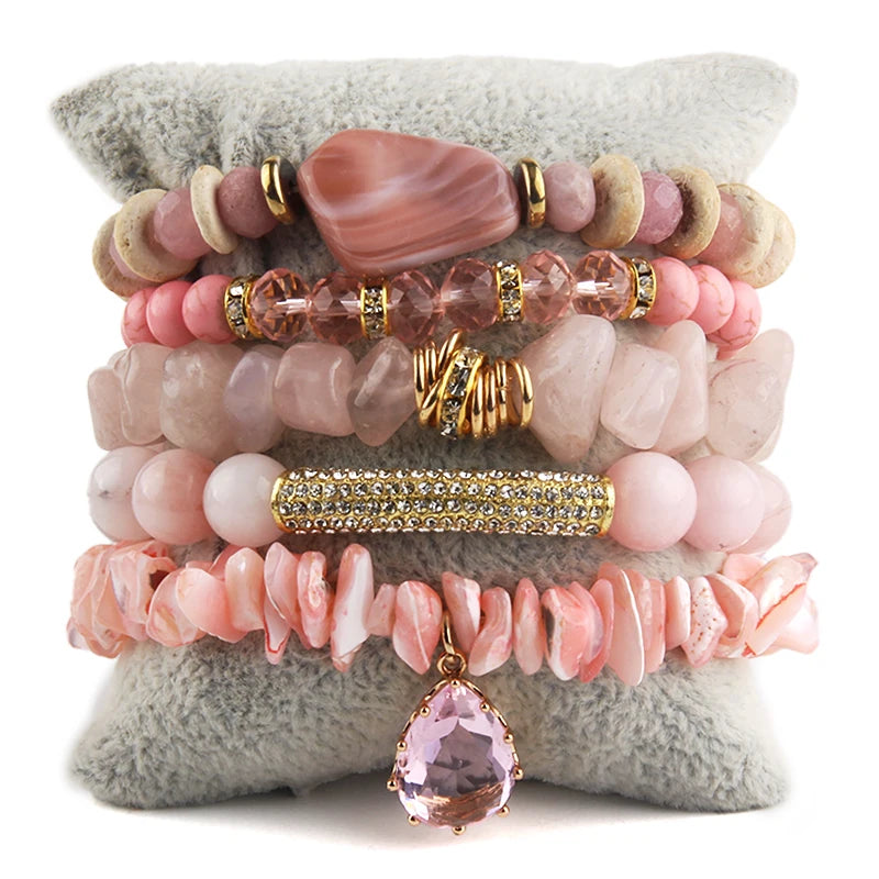 5-Piece Stone & Crystal Charm Bracelet Set - Luxepulse