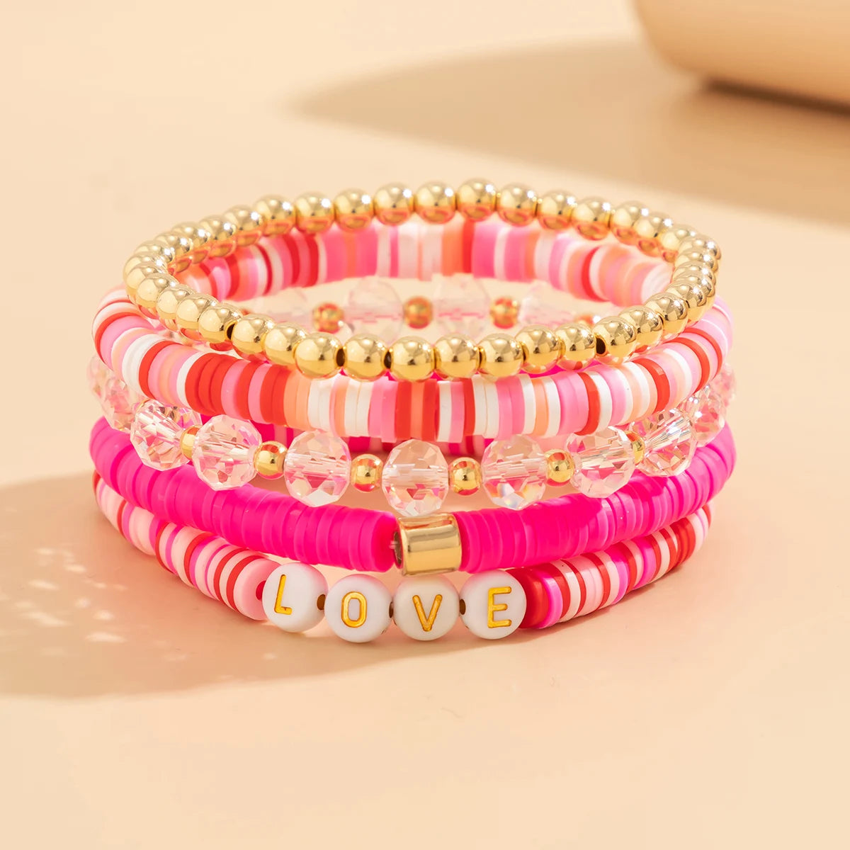 5Pcs Romantic Pink Bead Bracelet Set - Luxepulse