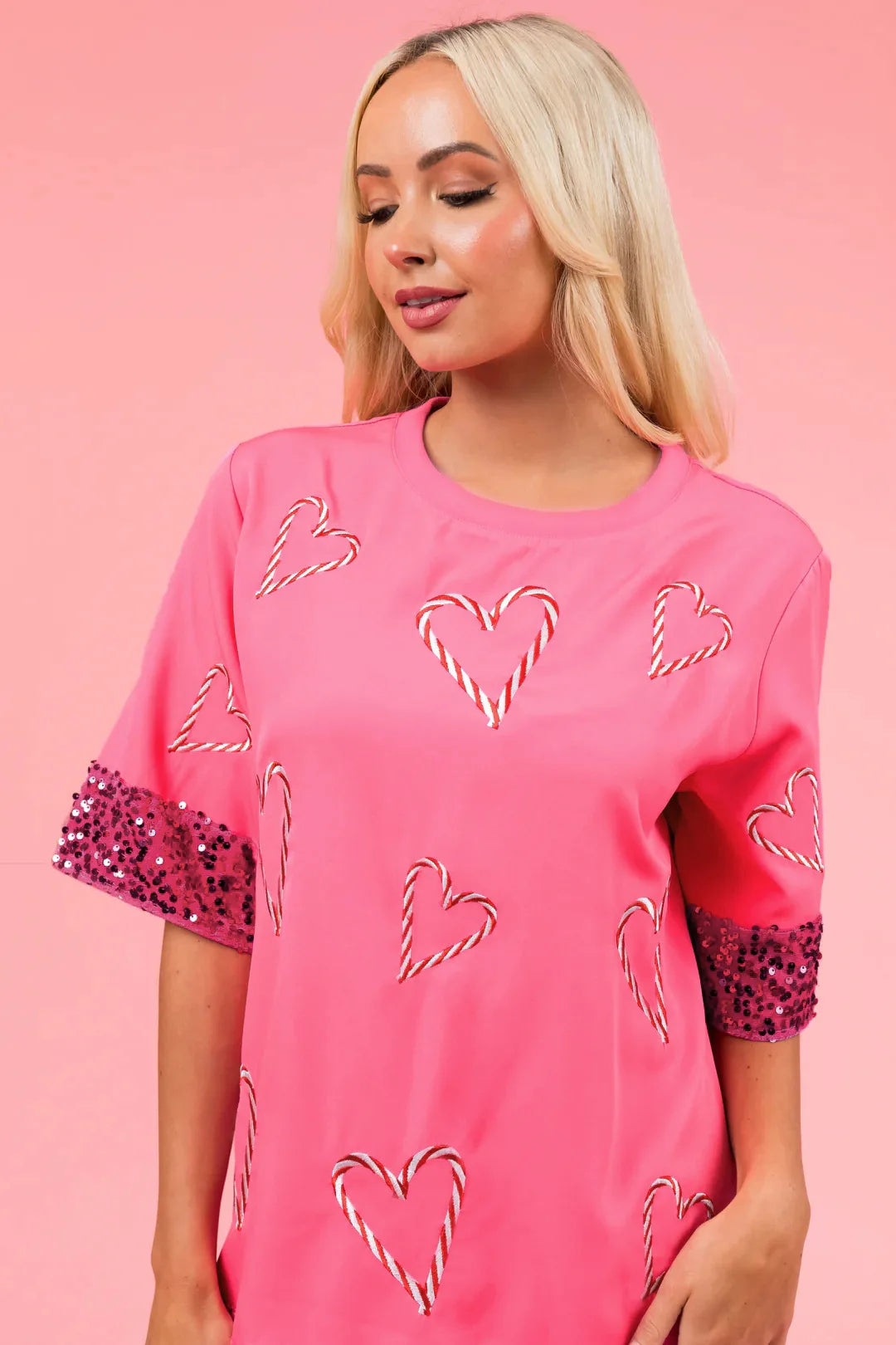 Women's Hot Pink Candy Cane Heart Print T-Shirt with Sparkle Sleeves – Casual & Fashionable - Luxepulse