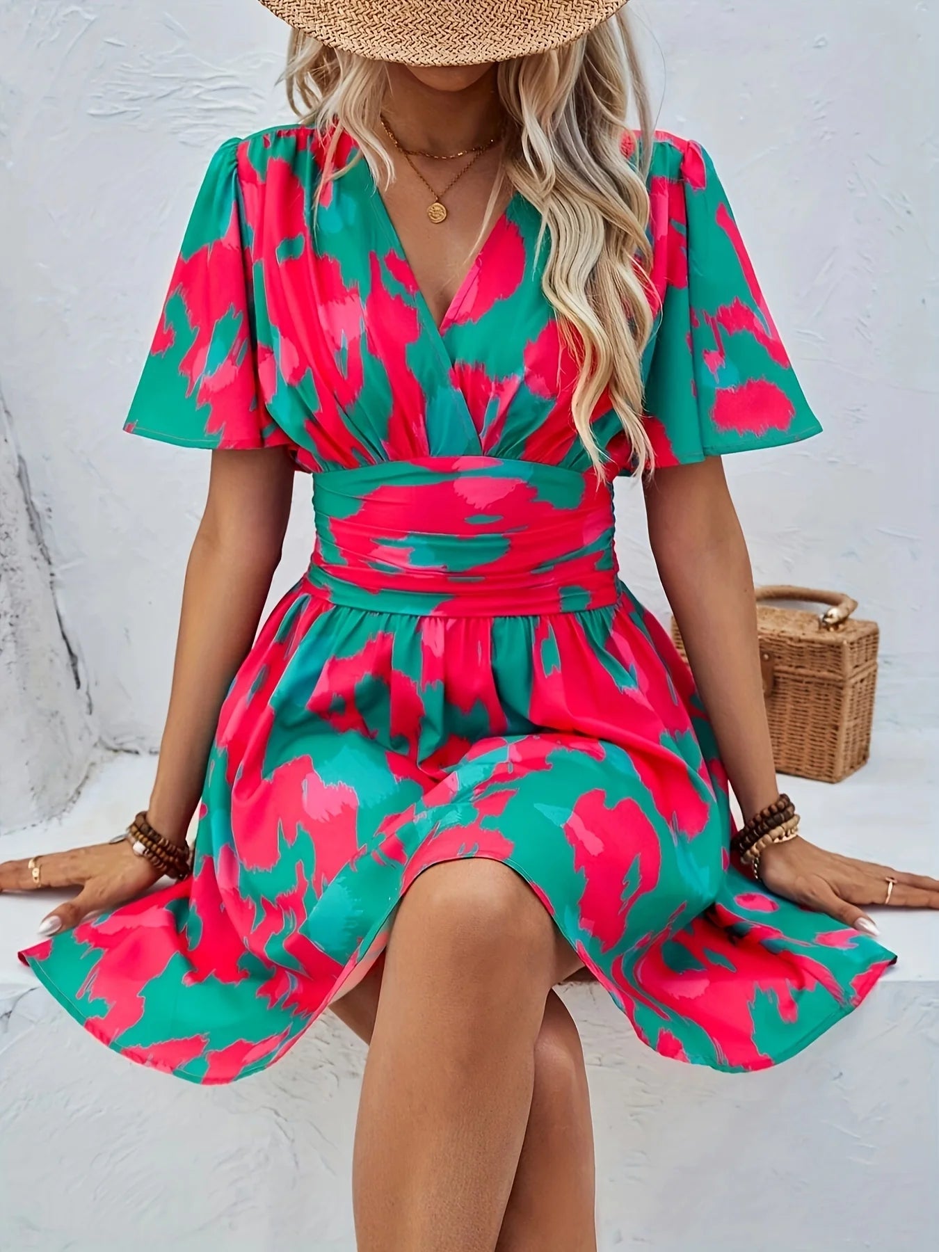 Tie Dye Tropical Breeze V-Neck Dress - Luxepulse